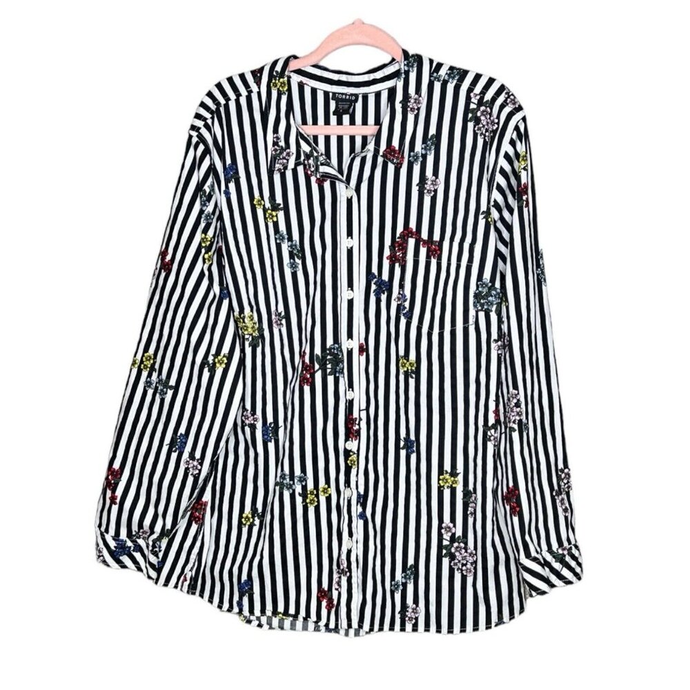 Torrid Womens Top Shirt Size 5 (5X 28) Black Stripe Floral Button-up Long Sleeve